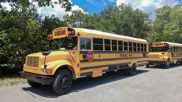 Bright Yellow School Buses Parked Under Clear Blue Sky